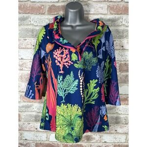 Gretchen Scott Ruffle Neck 3/4 Sleeve Coral Reef Print Sz M Blouse